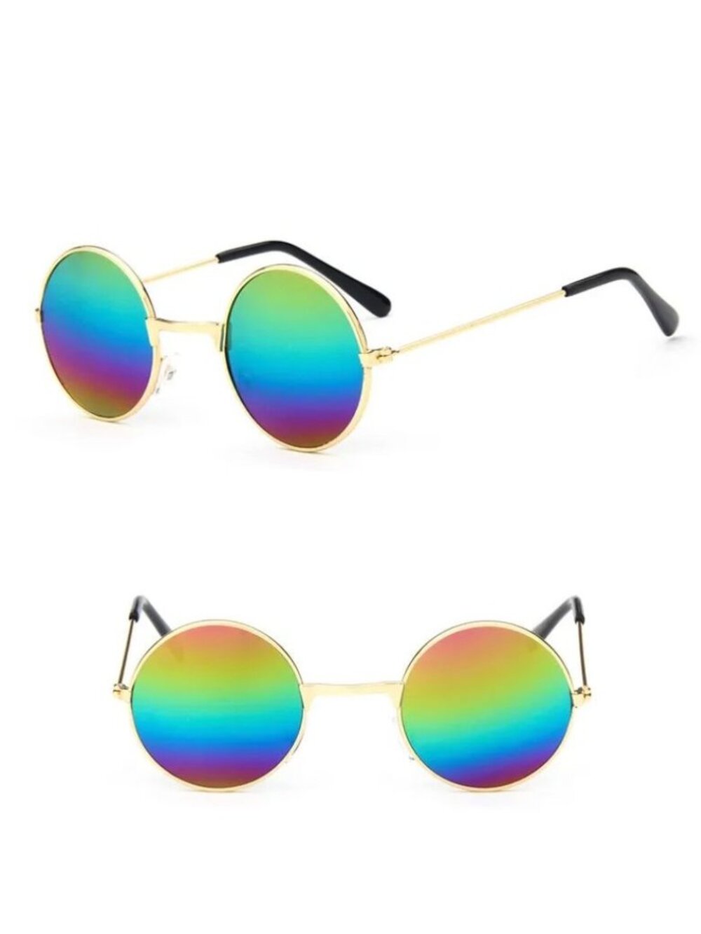 Retro Round Sunglasses With Gold Metal Frame Multicolored Metallic Lenses
